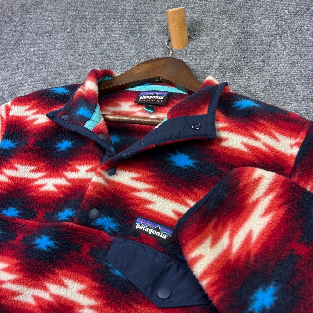 Patagonia Synchilla Fleece Womens M Red Blue Aztec Southwest Snap-T Pullover
